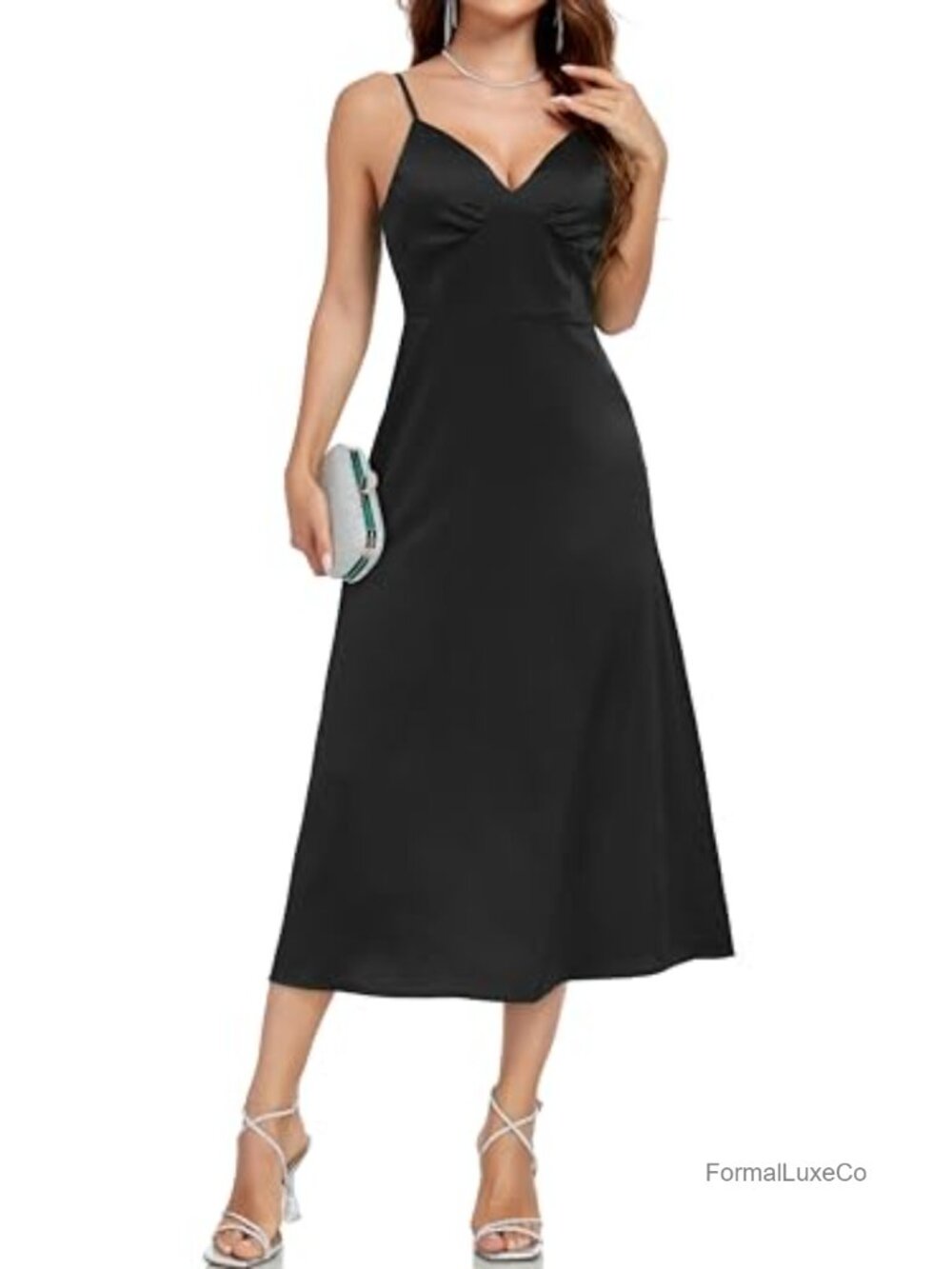 Satin Silk Spaghetti Strap Midi Dress V Neck Open Back Party